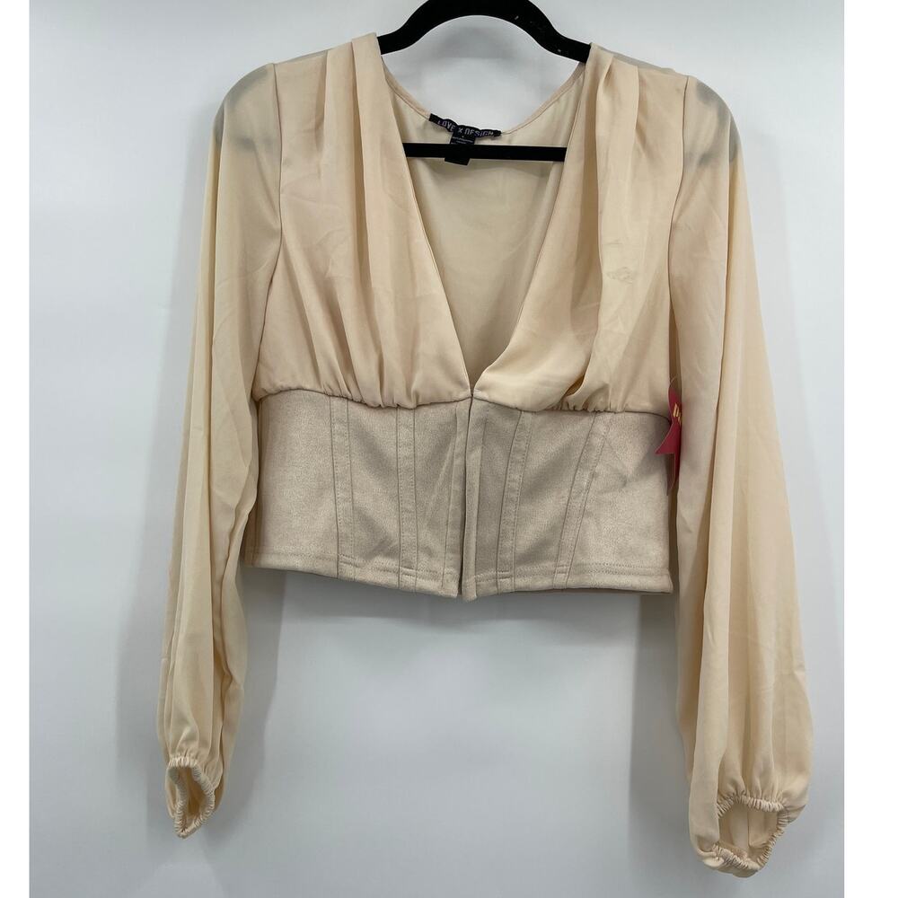 Love X Design Womens Crop Blouse Top Lantern Sleeves V-Neck Tan Beige NEW Medium